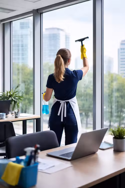 Osoba która myje okno w biurze
