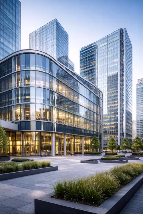 widok przeszklone budynku z wieloma oknami